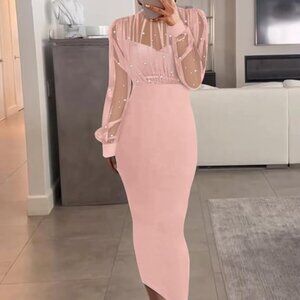 Women Beaded Decor Sheer Mesh Mock Neck Bodycon Dress Stretch Elegant Slim Fit